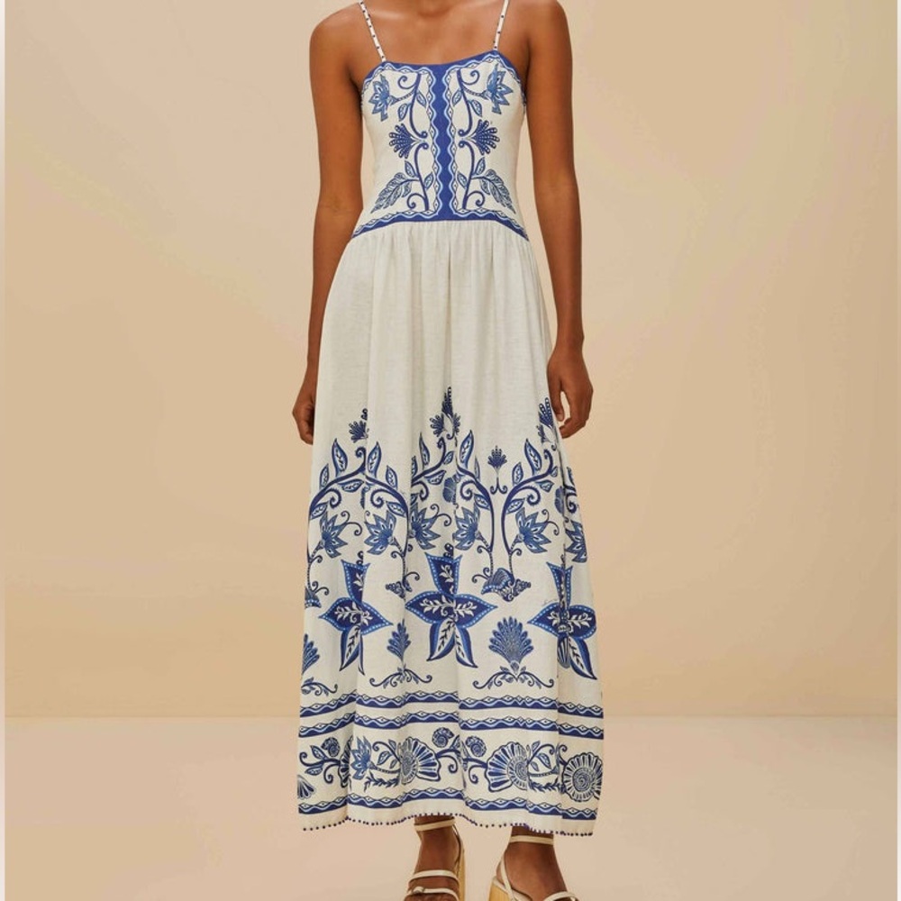 FARM Rio White Maxi Dress with Blue Floral Embroidery